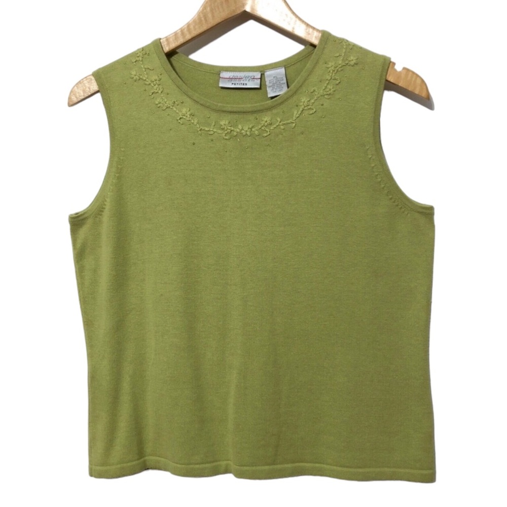 Design Assets Petite Vintage Sleeveless Knit Top w Floral Embroidery Womens PL